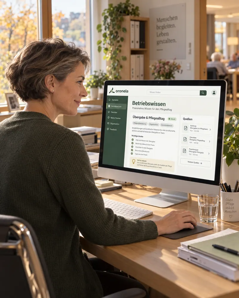 Eine Mitarbeiterin nutzt Oronela am Computer, um Betriebswissen und Quellen für den Pflegealltag zu sichten.